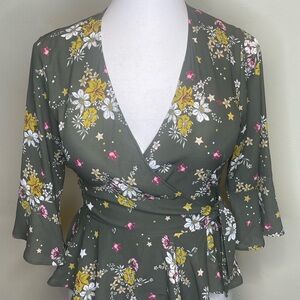 Candie's Floral Wrap Blouse - Olive, Yellow, Pink